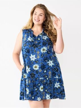 Sonoma linen blend Sleeveless Blue Floral Tiered Dress